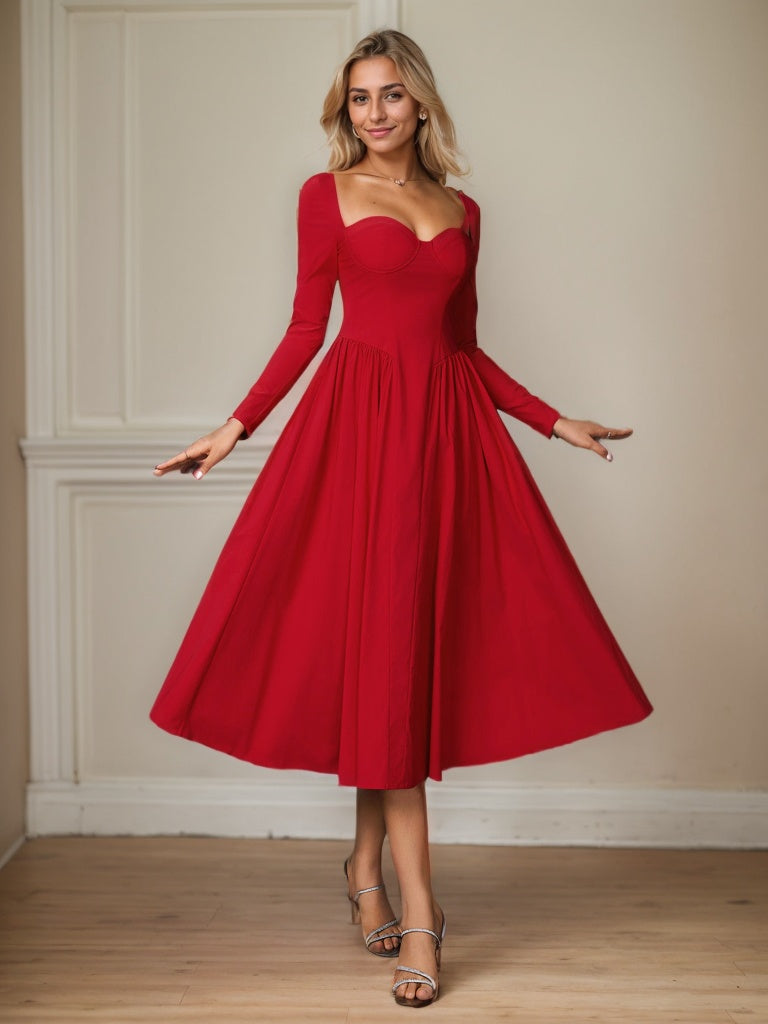 Long Sleeve Tie Back A-Line Midi Dress