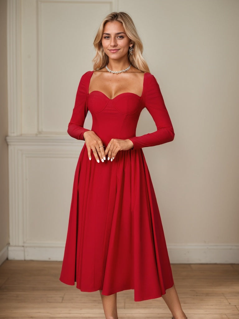 Long Sleeve Tie Back A-Line Midi Dress