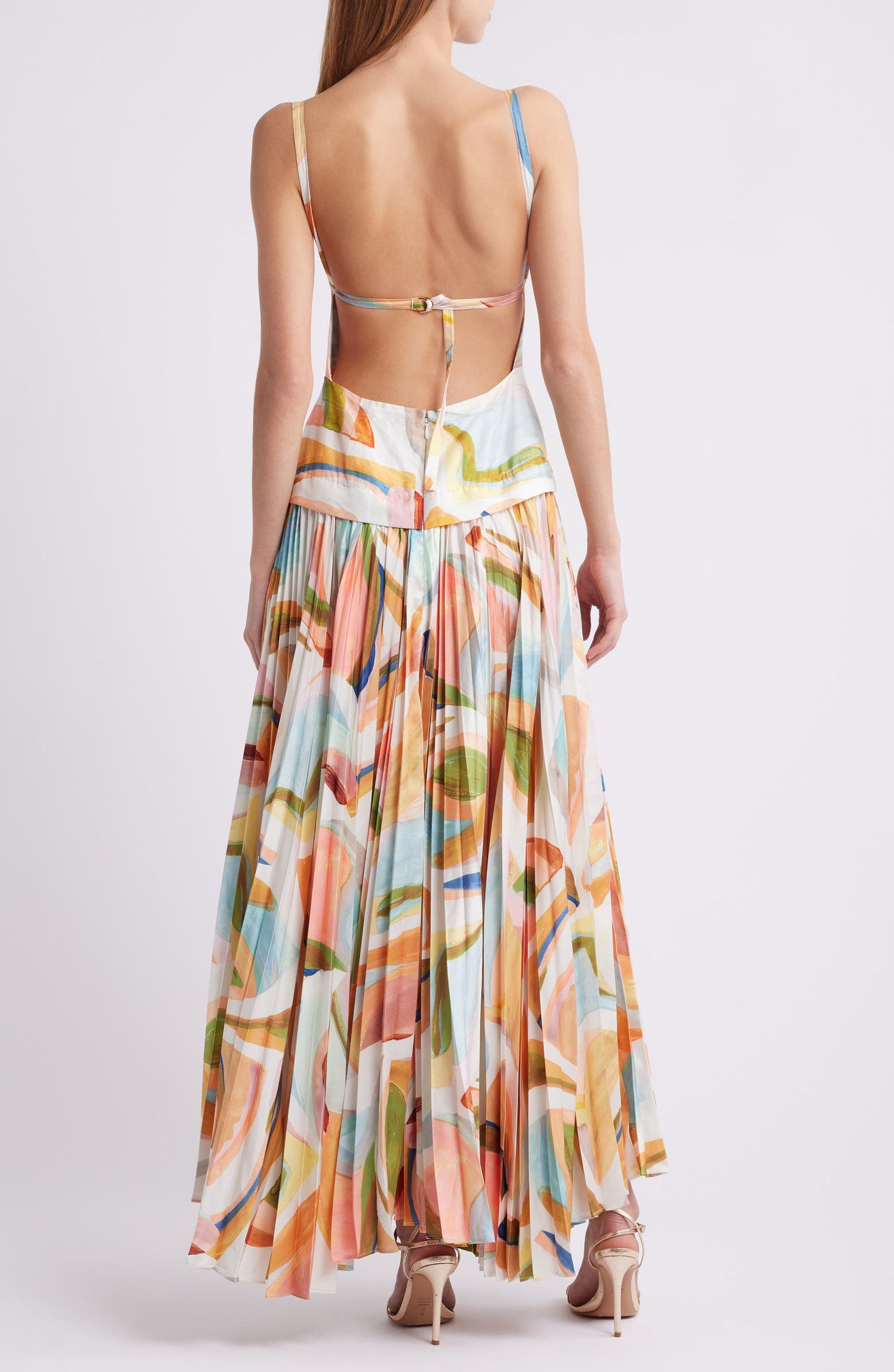 Abstract Print Open Back Linen Blend Maxi Dress