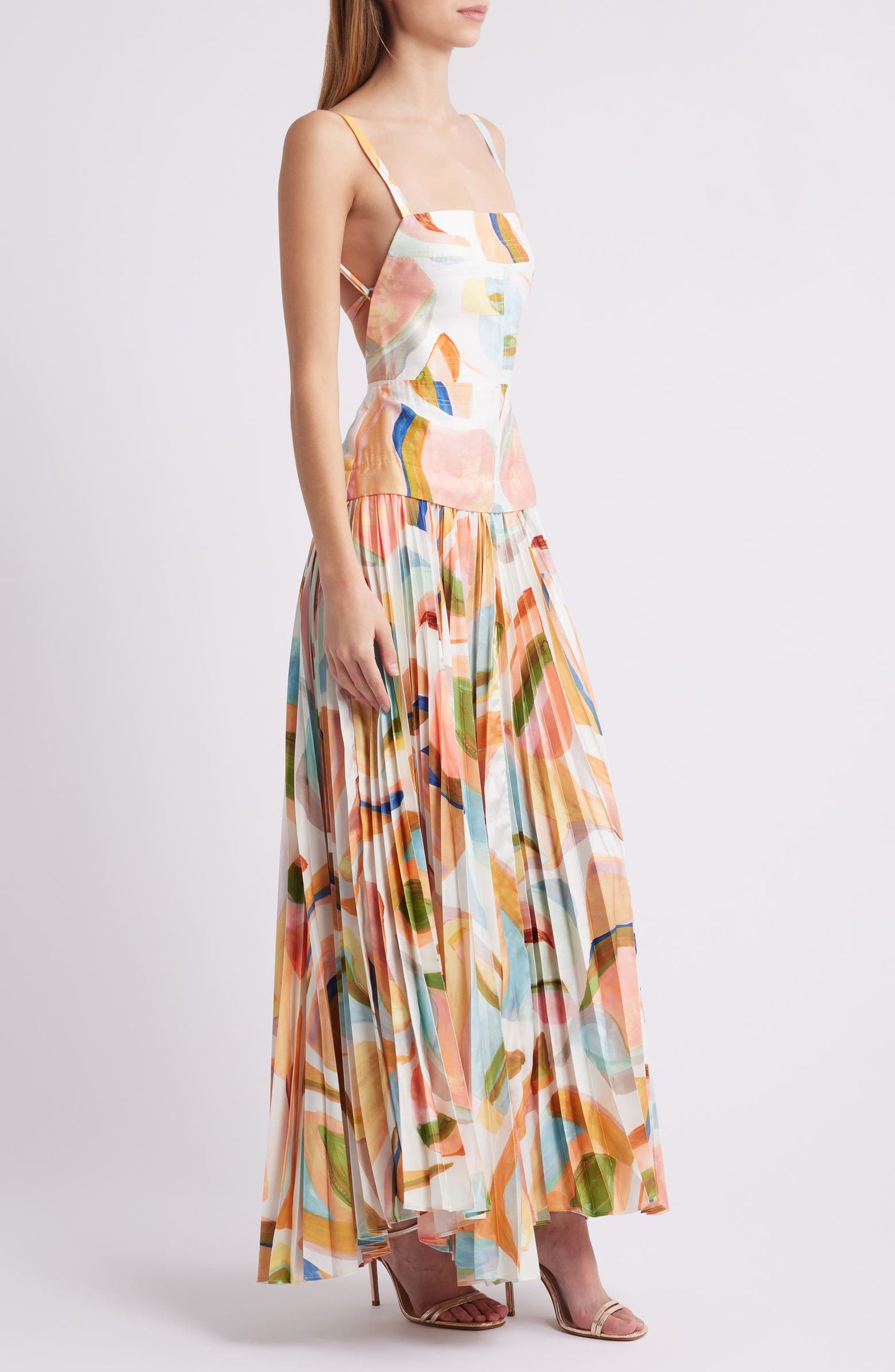 Abstract Print Open Back Linen Blend Maxi Dress