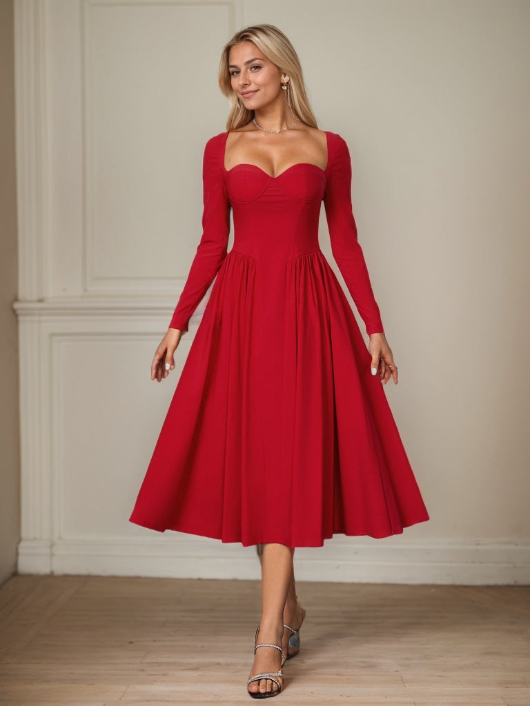 Long Sleeve Tie Back A-Line Midi Dress