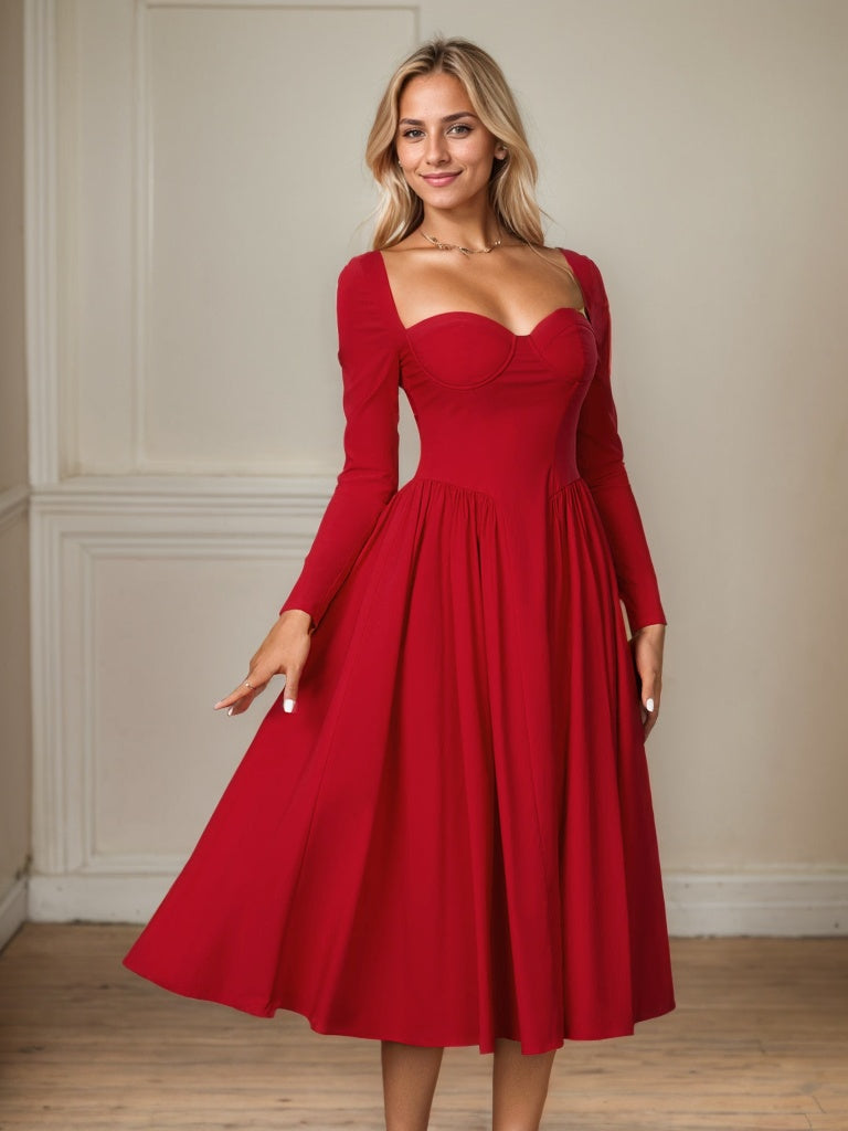 Long Sleeve Tie Back A-Line Midi Dress