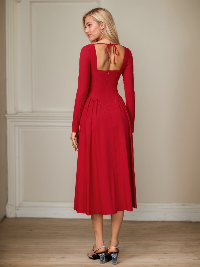 Long Sleeve Tie Back A-Line Midi Dress