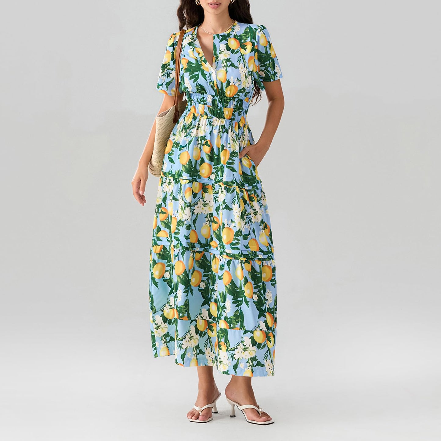 Cotton Iris Blue Lemon Yellow Maxi Dress