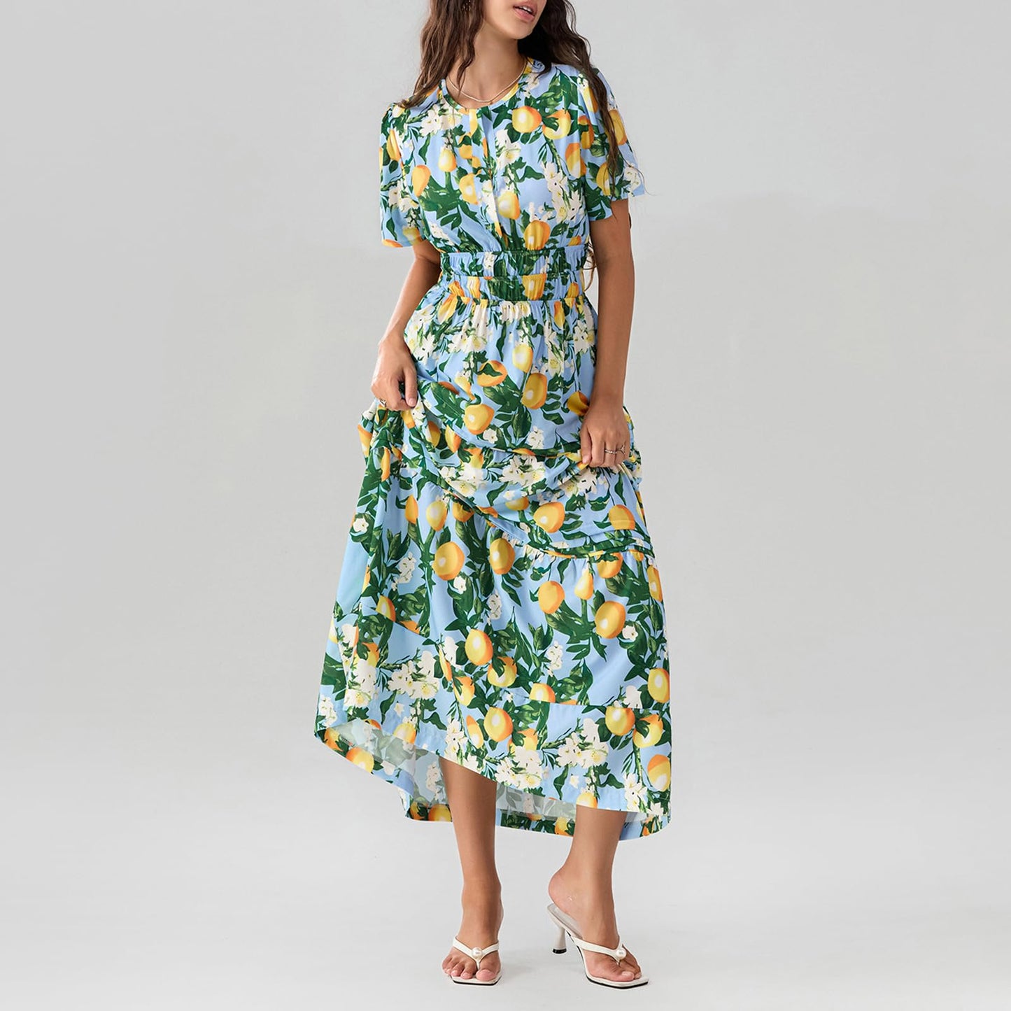 Cotton Iris Blue Lemon Yellow Maxi Dress