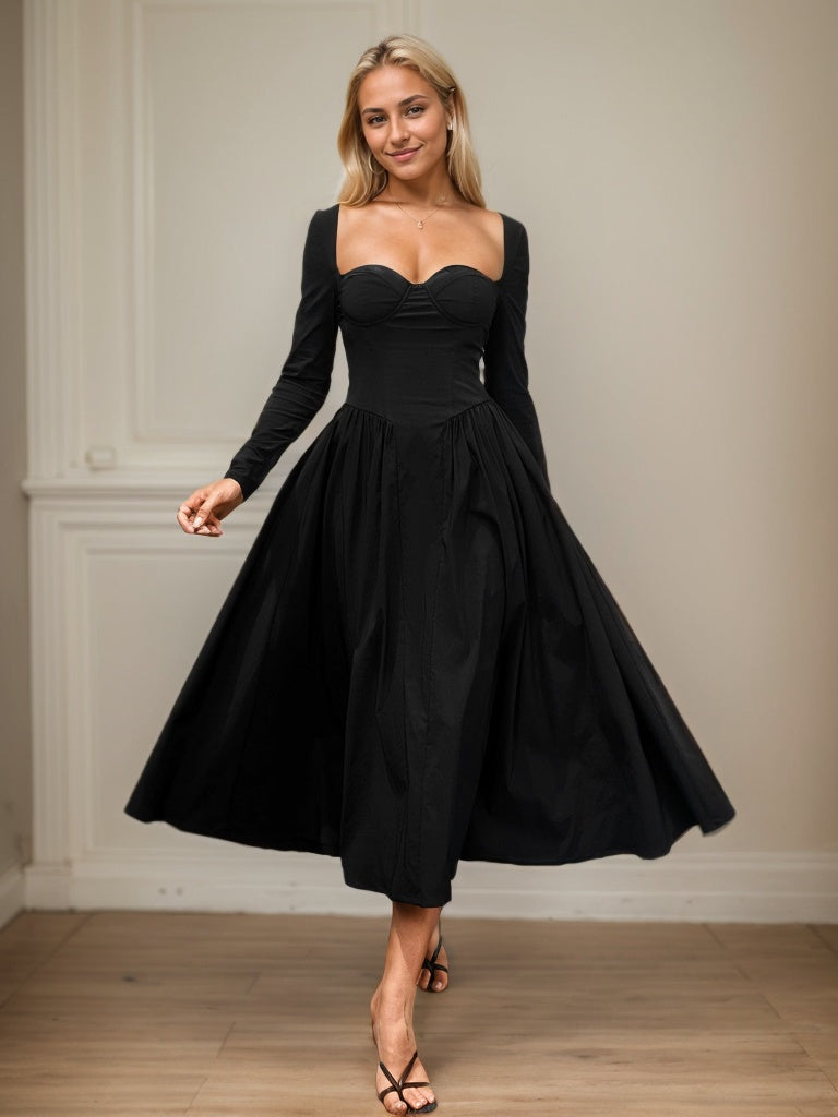 Long Sleeve Tie Back A-Line Midi Dress