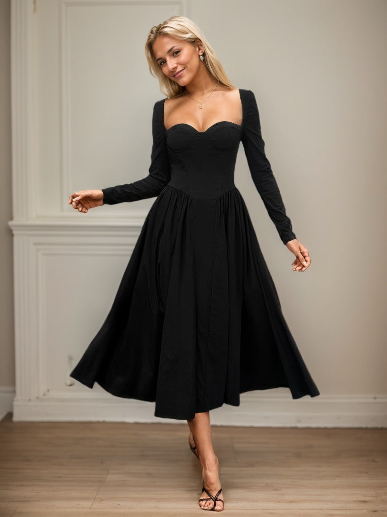 Long Sleeve Tie Back A-Line Midi Dress