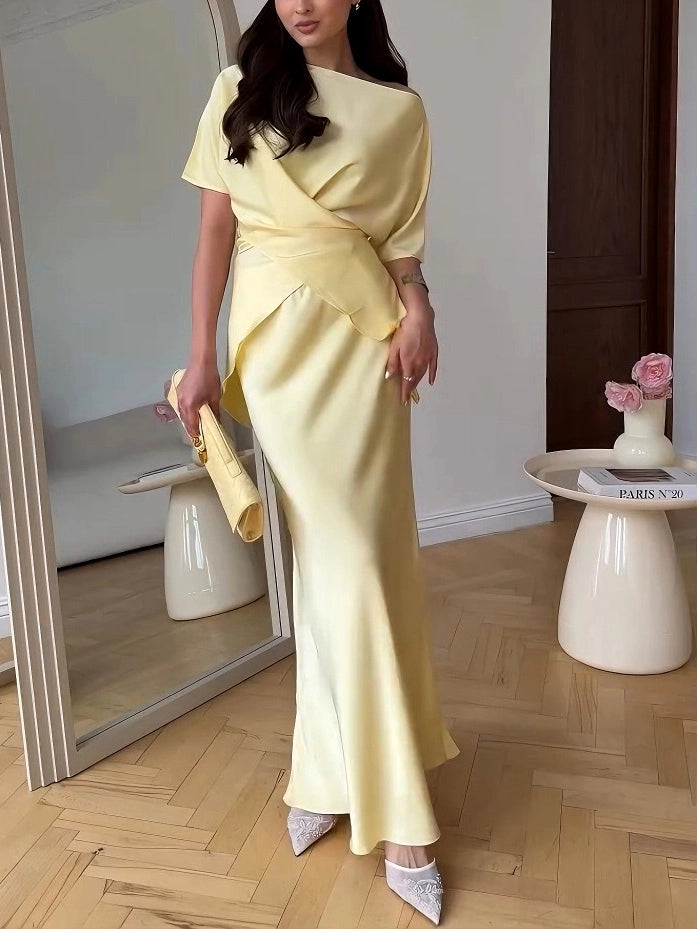 Elegant Draped Asymmetric Satin Set