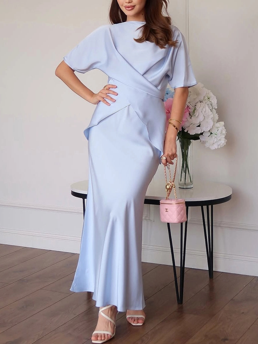 Elegant Draped Asymmetric Satin Set