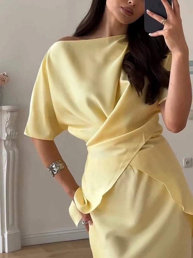 Elegant Draped Asymmetric Satin Set
