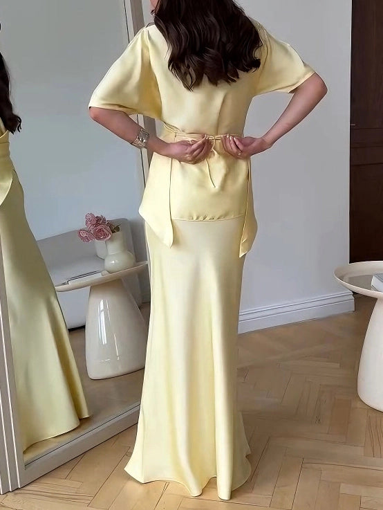 Elegant Draped Asymmetric Satin Set
