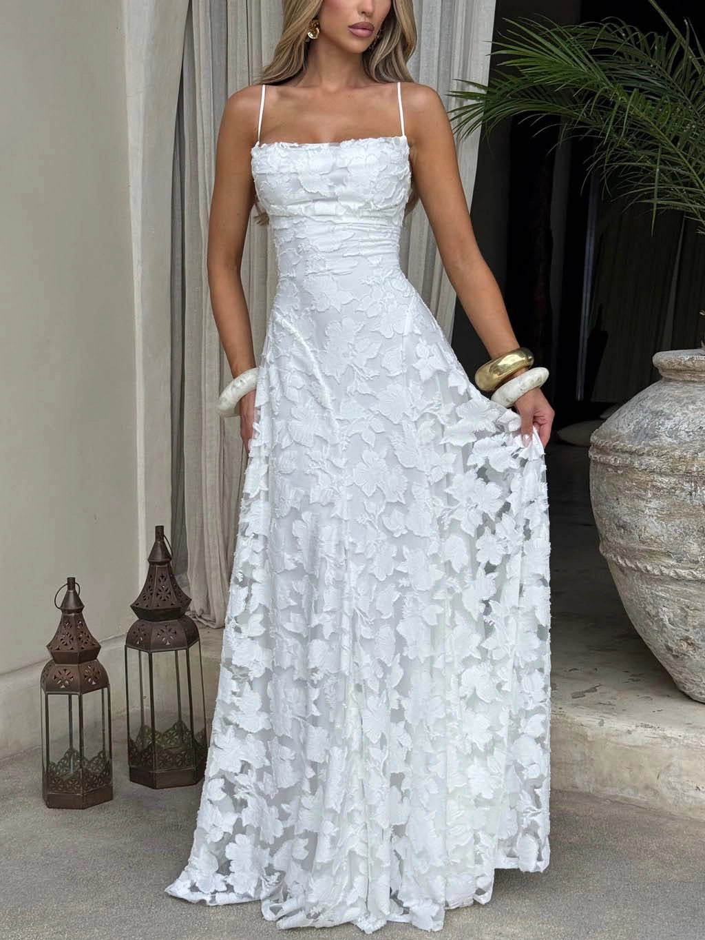 Floral Lace Spaghetti Strap Maxi Dress