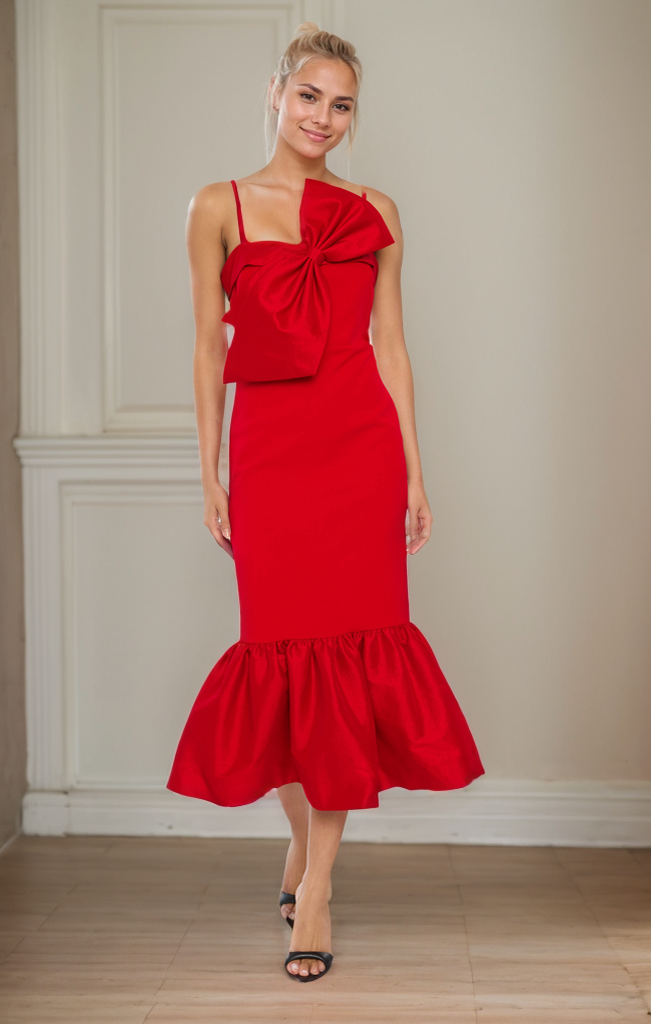 red midi dress with bow SINGLE SHOULDER BOW DETAIL FLARE MIDI DRESS WITH POCKETS (RED) Dress Code Chic Official