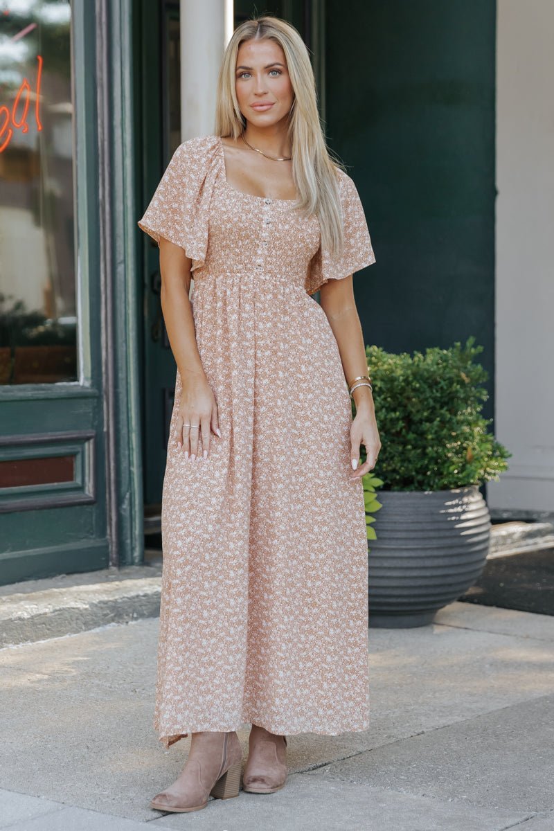 Boho Print Smocked Maxi Dress - Clay