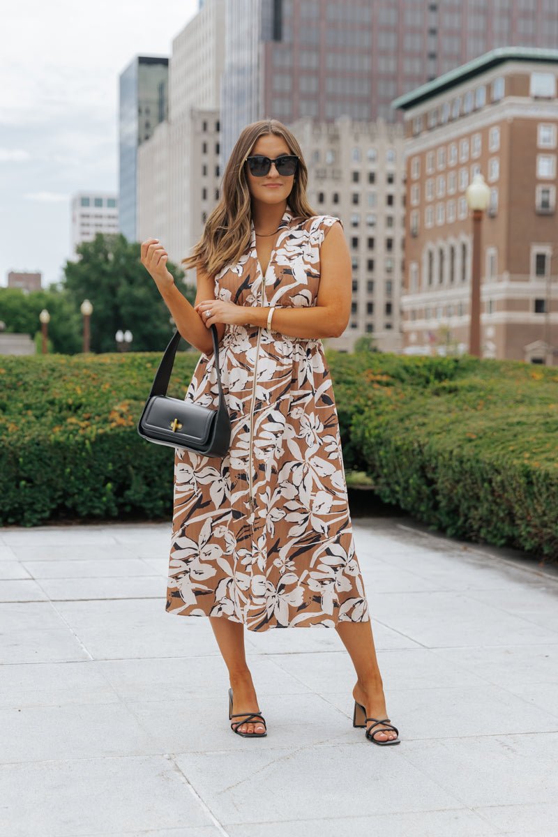 Brown Floral Zip Up Midi Dress