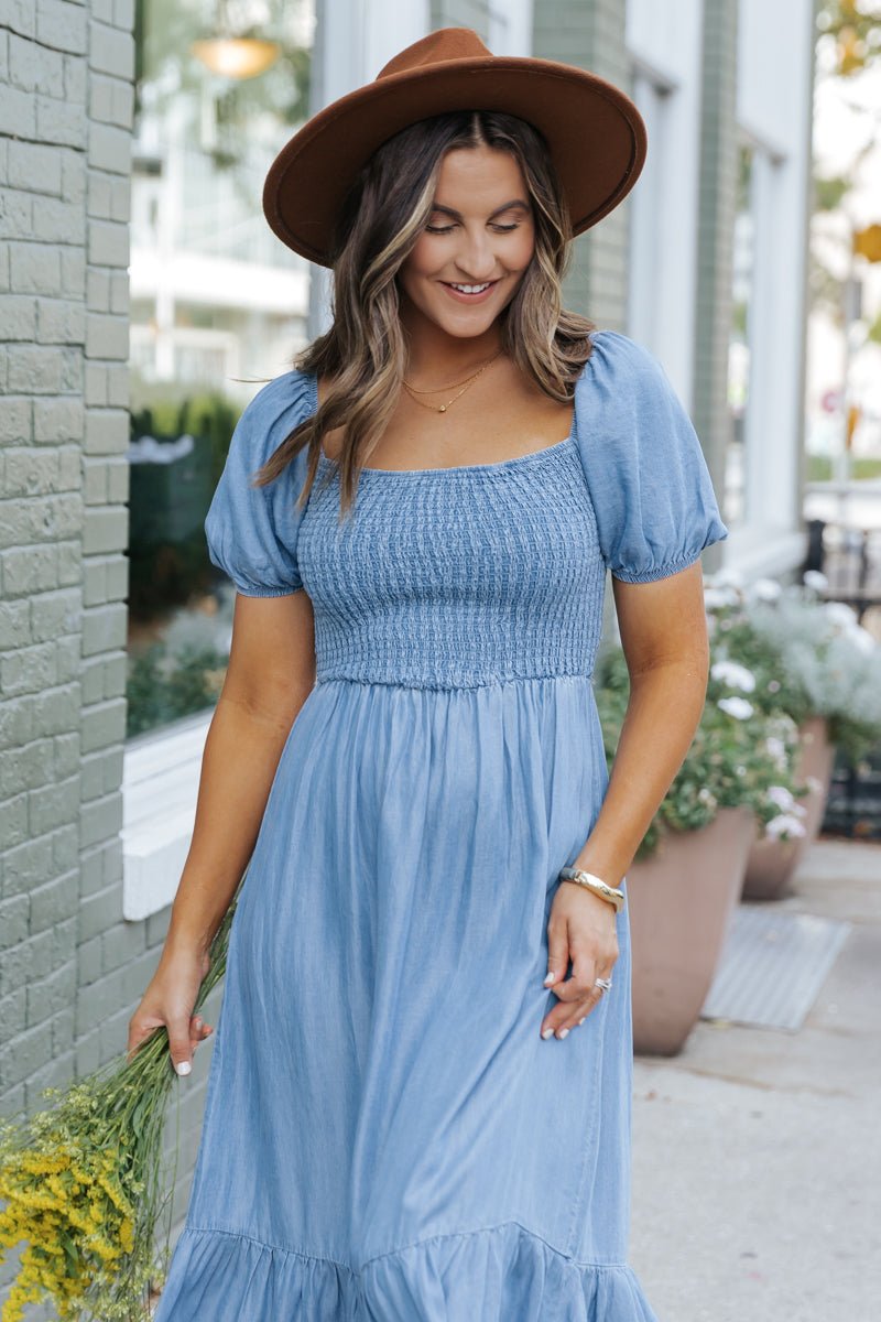 Chambray Puff Sleeve Tiered Midi Dress