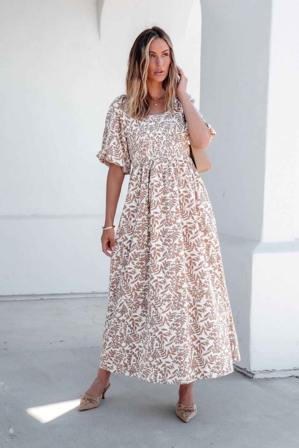 Cream Print Smocked Maxi Dress