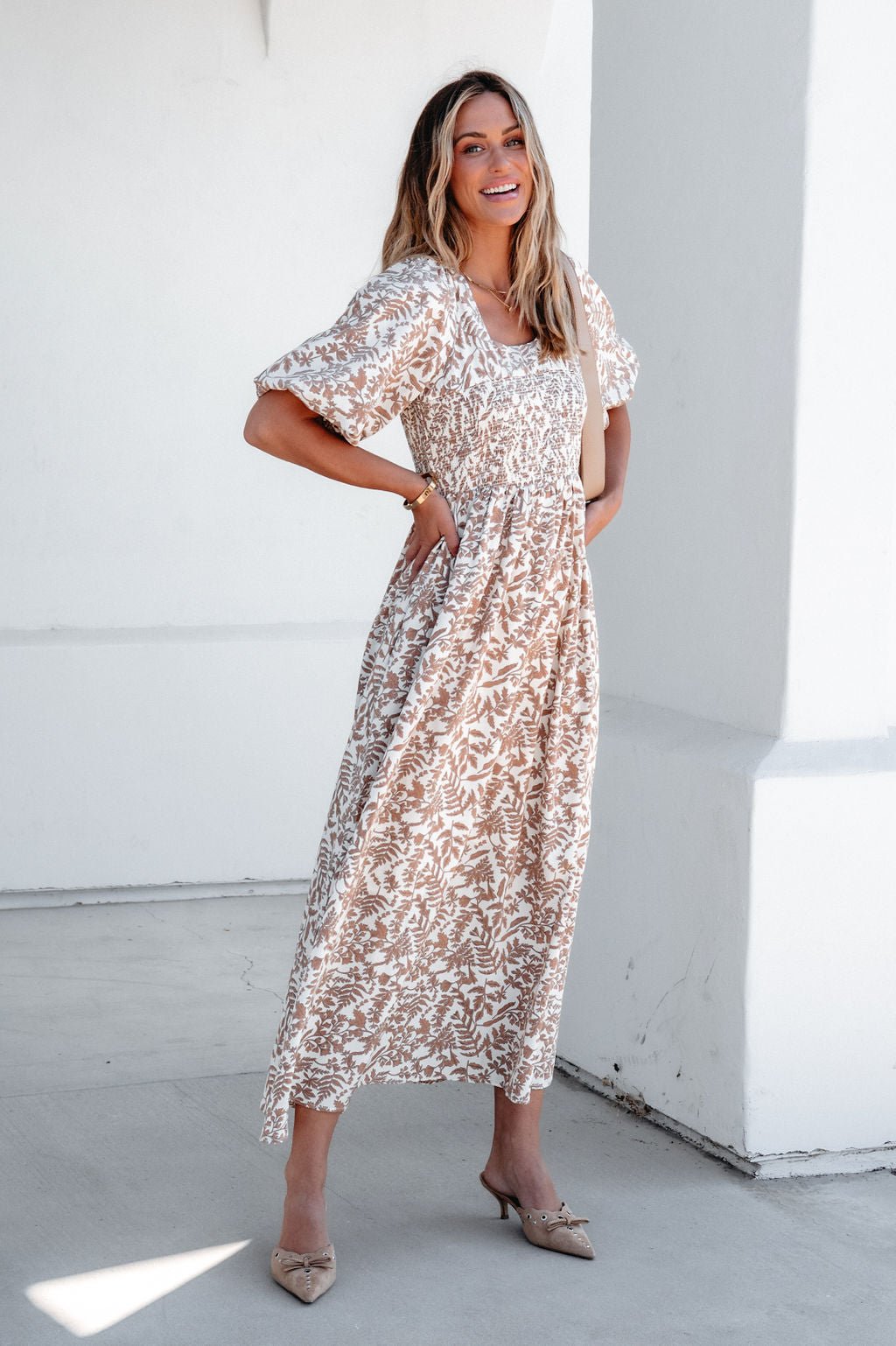 Cream Print Smocked Maxi Dress