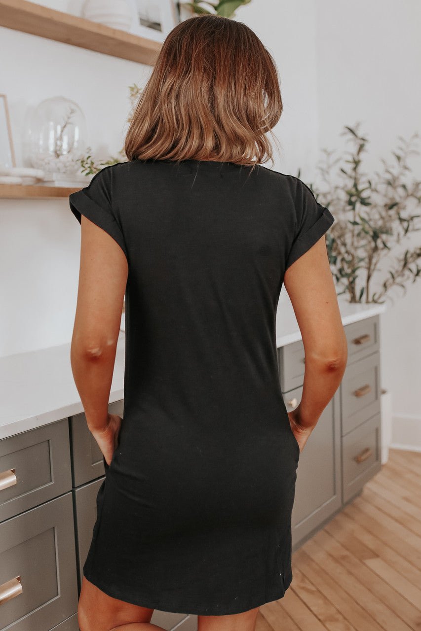 Cuffed Sleeve Black Pocket T-Shirt Dress
