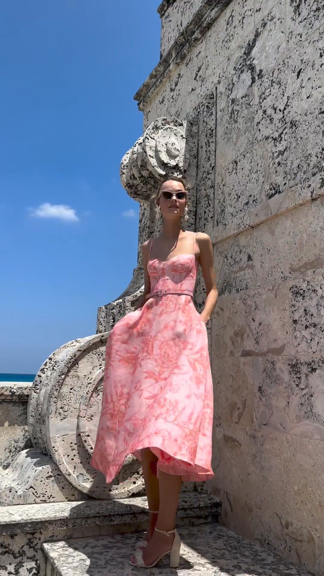 Robe corset trapèze en lin à imprimé floral - Rose