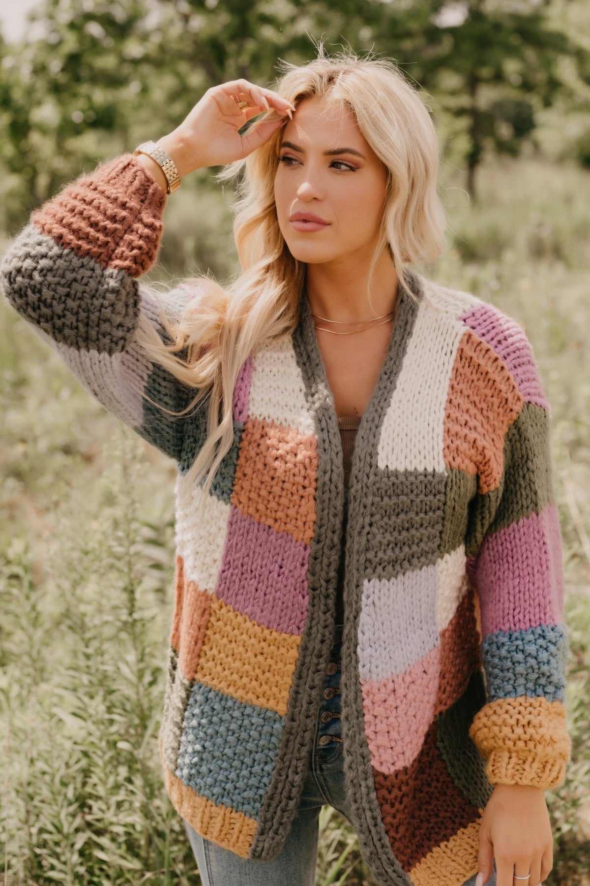 Cardigan à blocs de couleur olive à feuilles tombantes