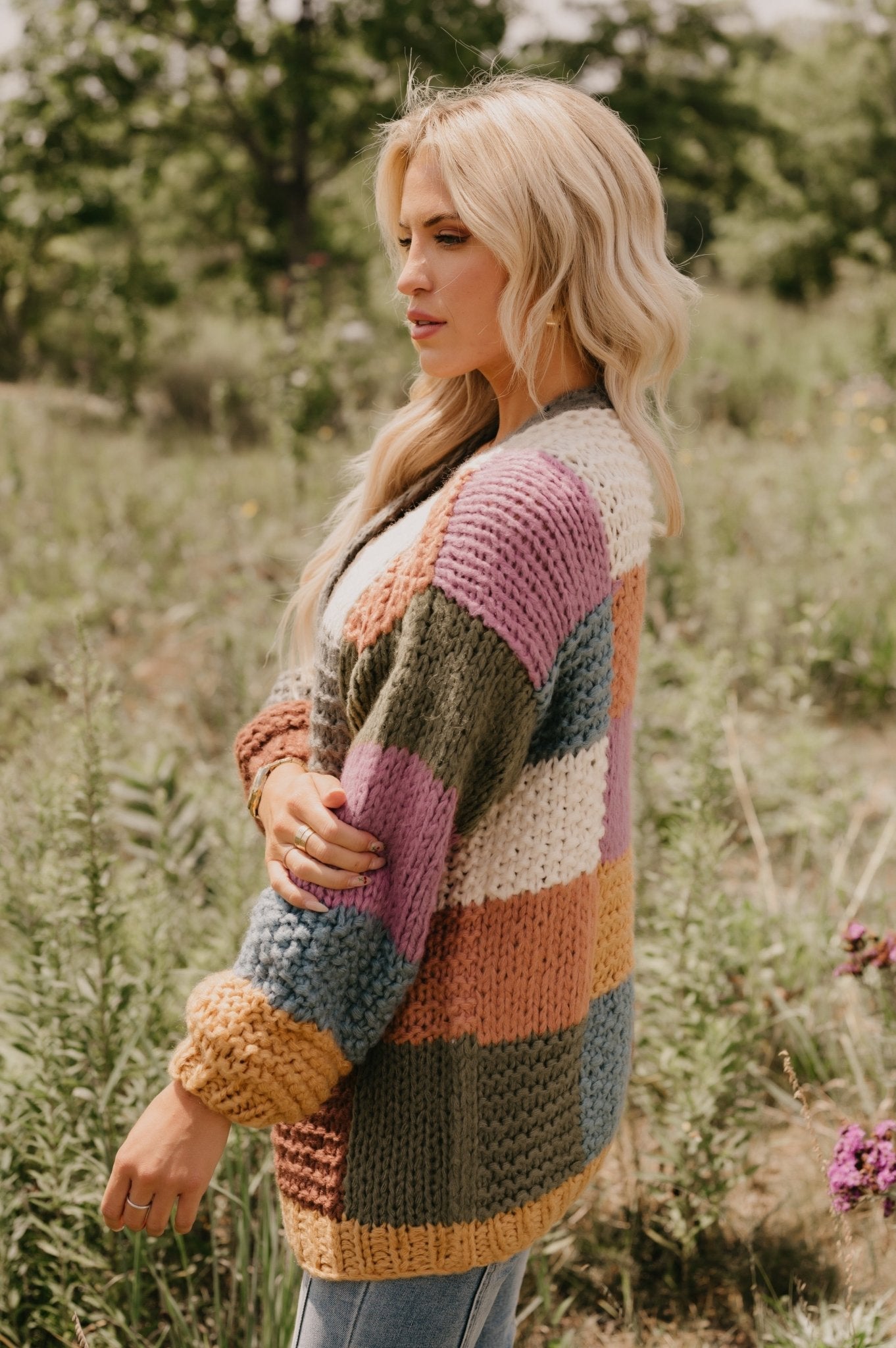 Cardigan à blocs de couleur olive à feuilles tombantes