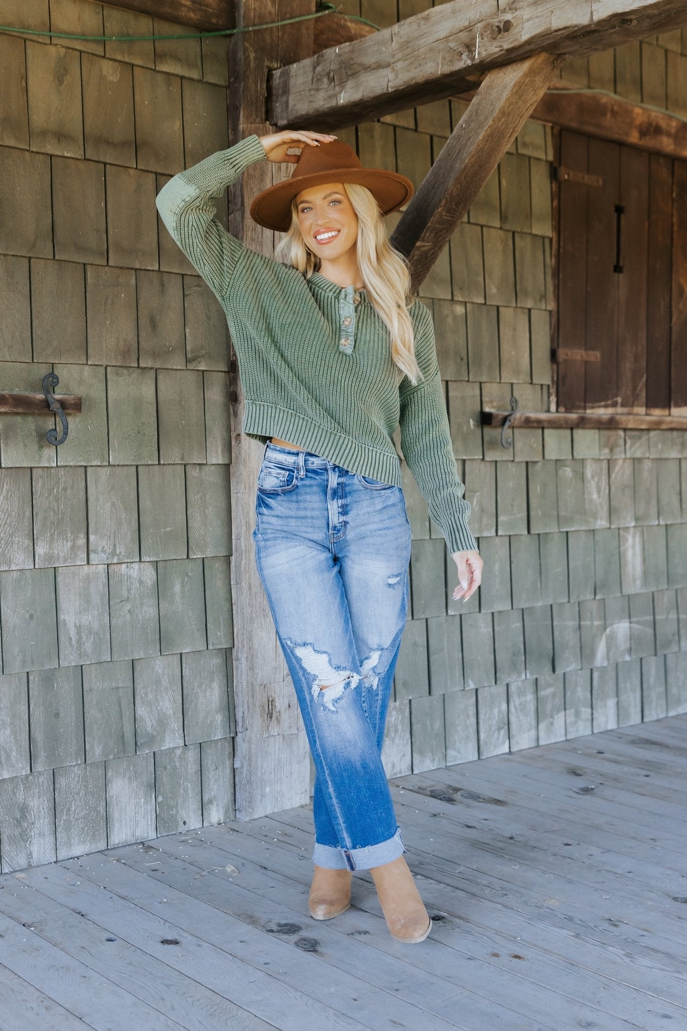 Pull Henley délavé olive