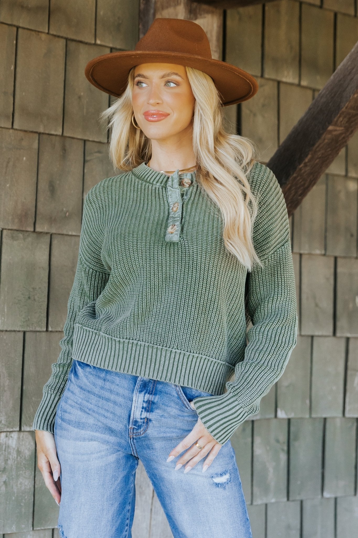 Pull Henley délavé olive