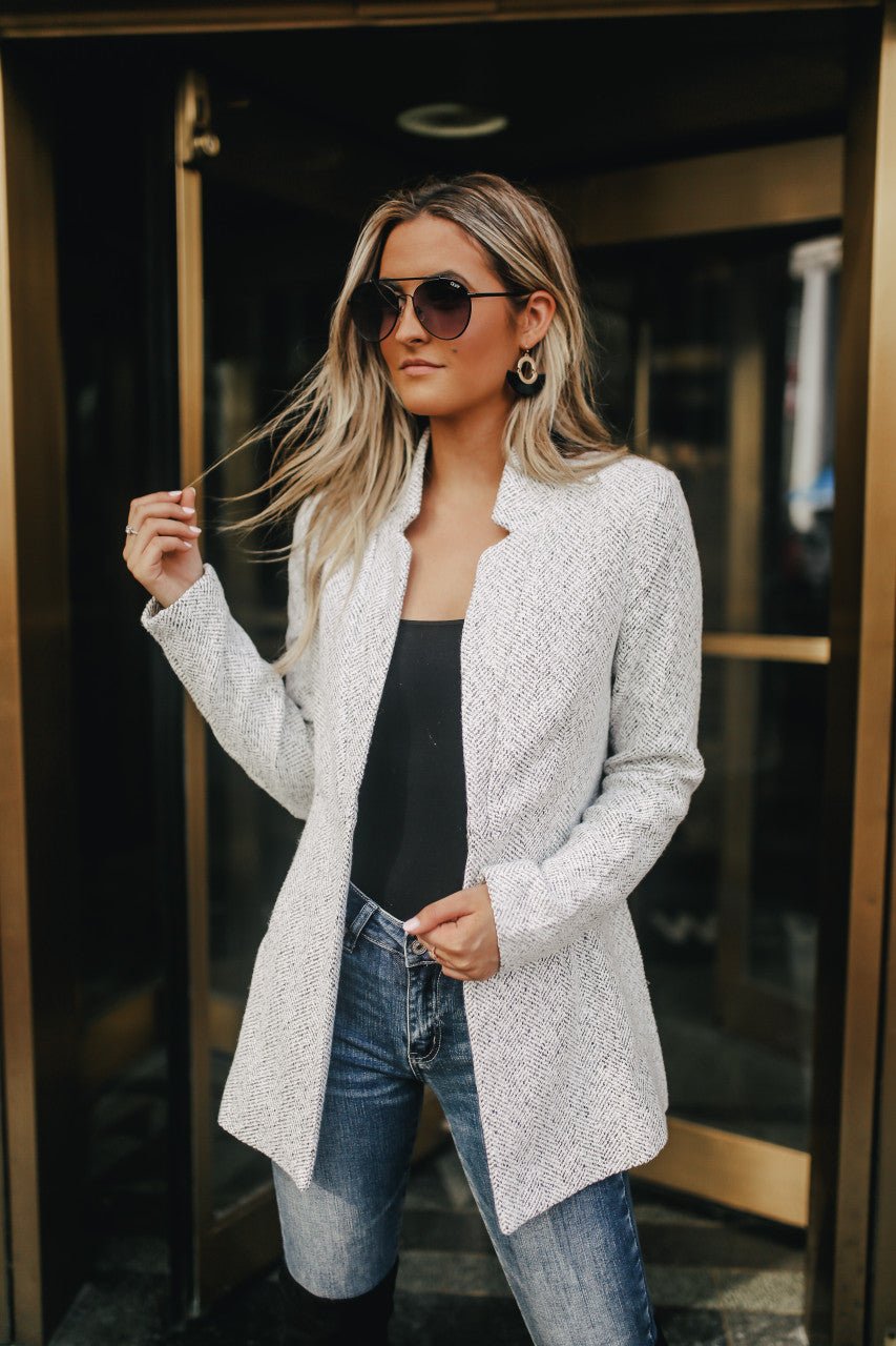 Veste à chevrons ouverte sur le devant - Gris/Blanc