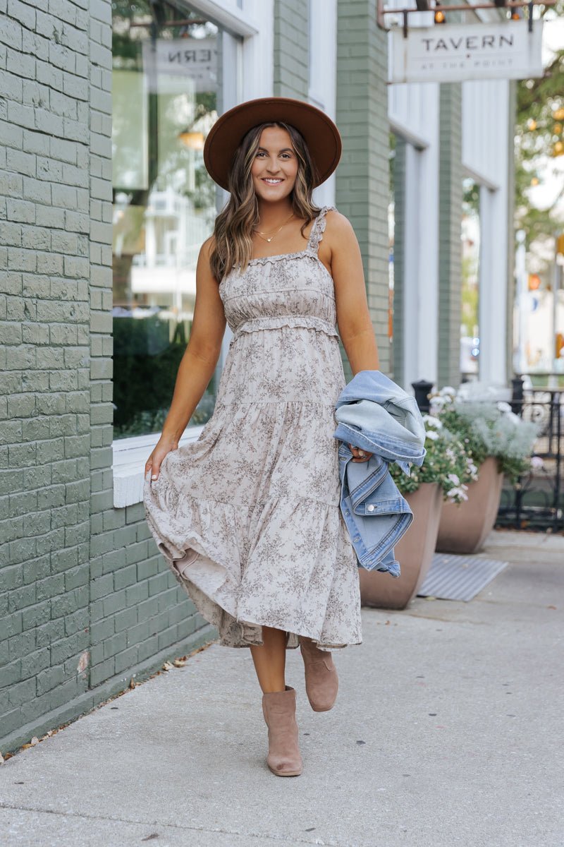 Taupe Print Tiered Midi Dress