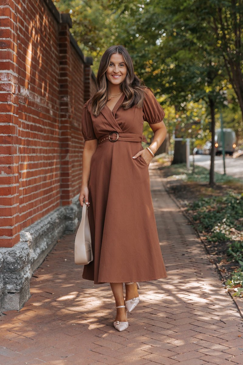 True Autumn Brown Belted Midi Dress – Simonboutique