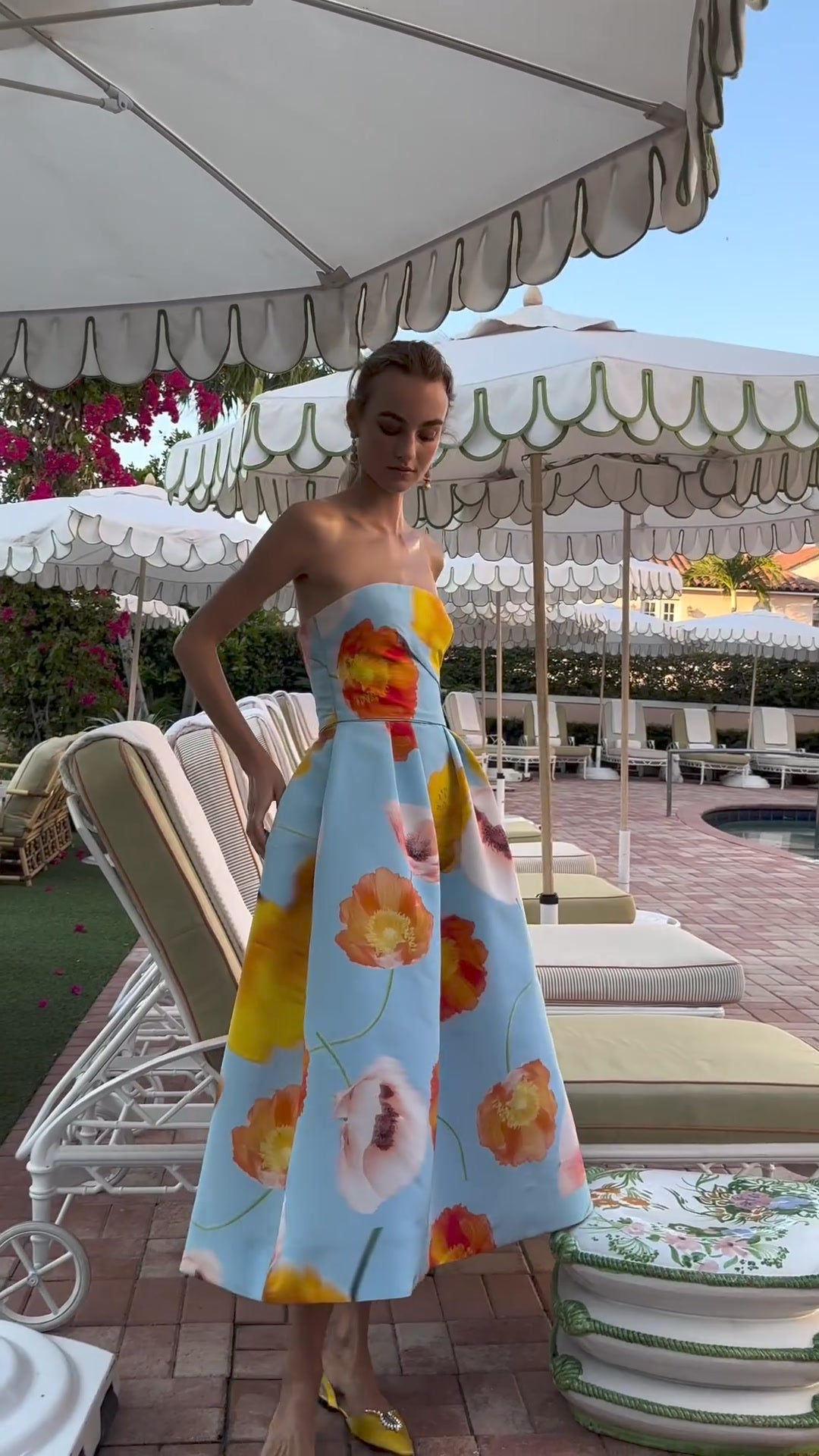 Floral Printed Silk Faille Tea-Length Gown