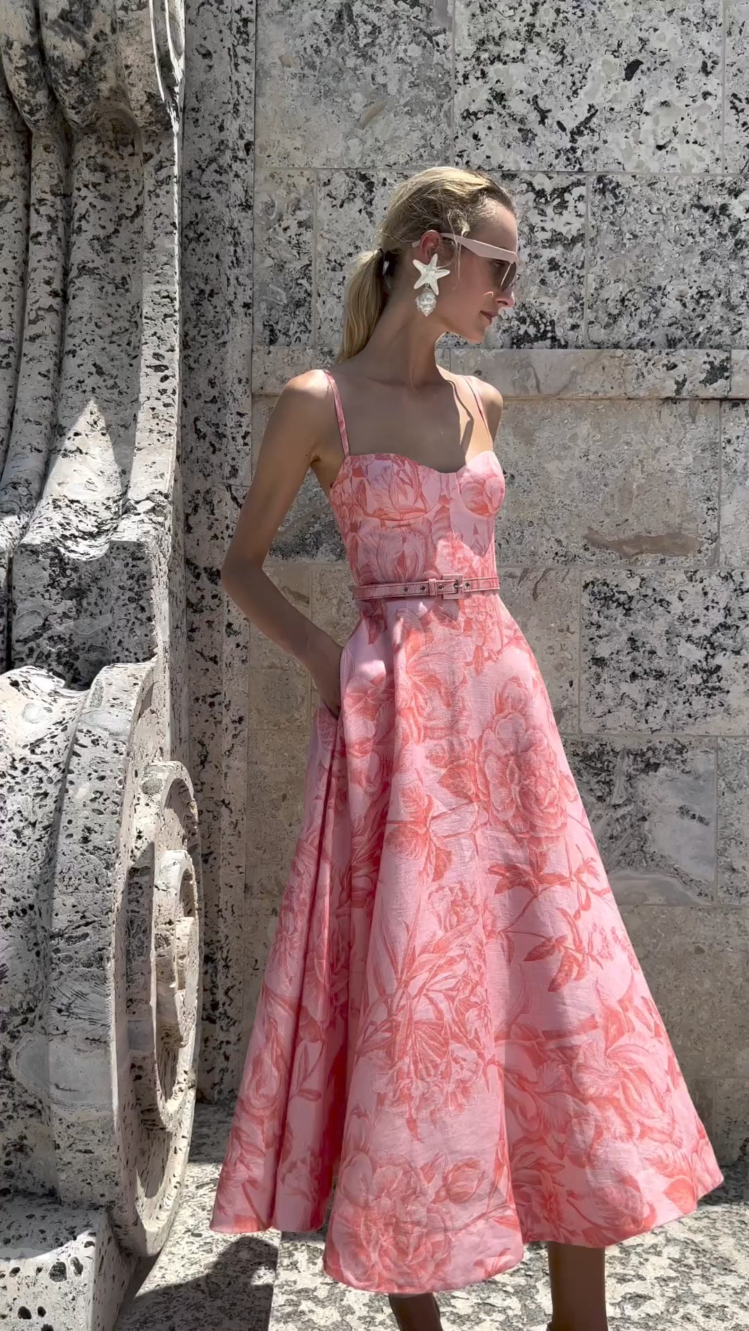 Floral Toile Printed Linen A-line Corset Gown - Pink
