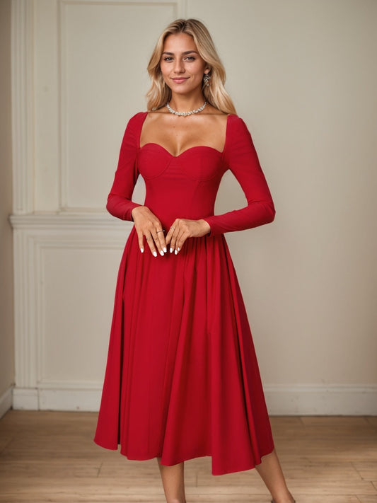 Long Sleeve Tie Back A-Line Midi Dress