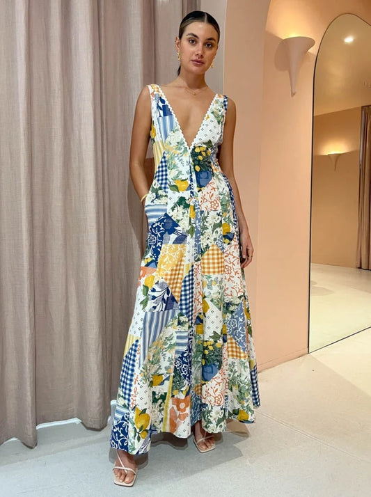 Exclusive Wavy Maxi Dress in Lemon Patchwork