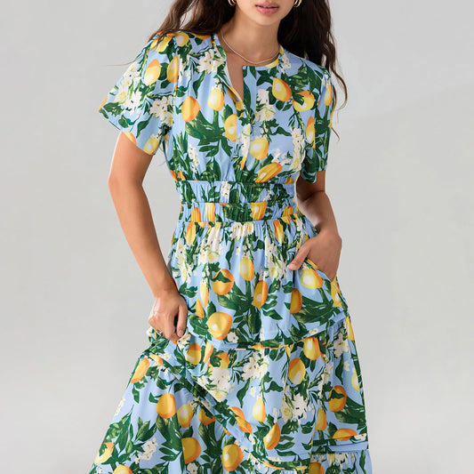 Cotton Iris Blue Lemon Yellow Maxi Dress