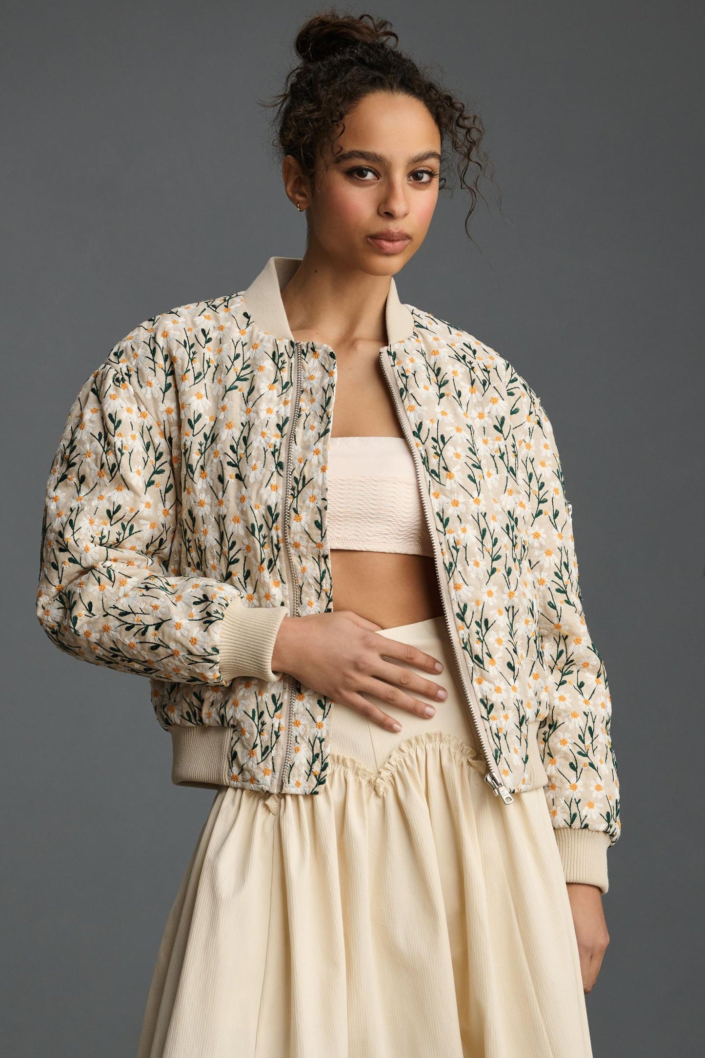 Simon Embroidered Daisy Bomber Jacket