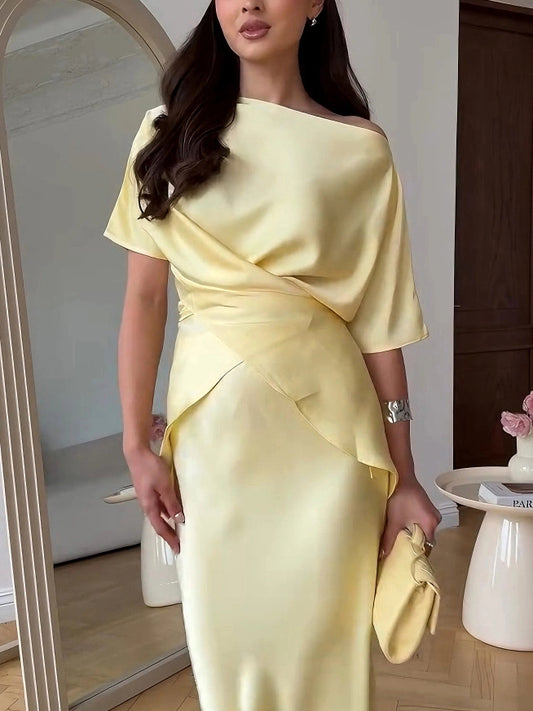 Elegant Draped Asymmetric Satin Set