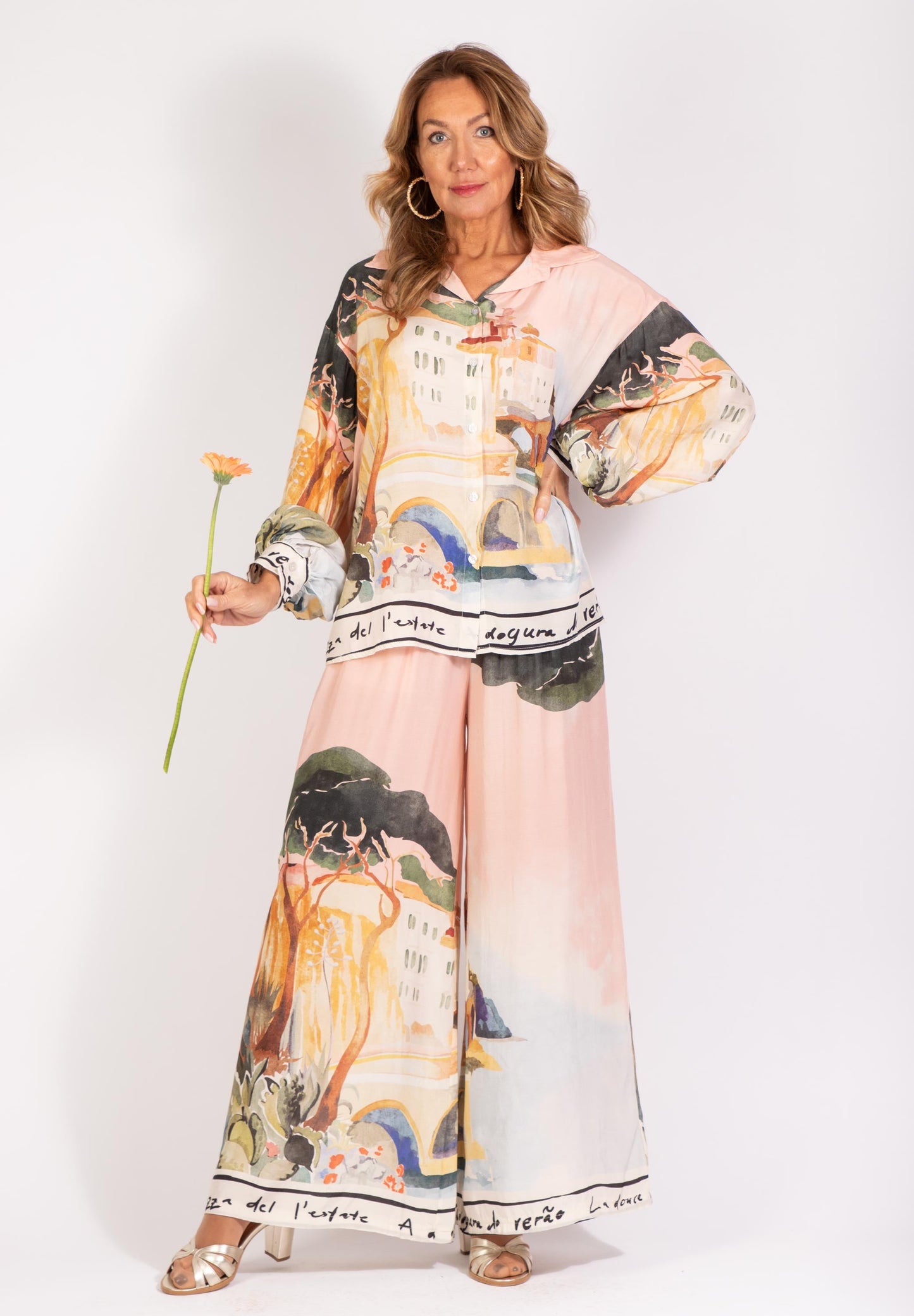 Unique Satin Landscape Print Loose Oversized Set