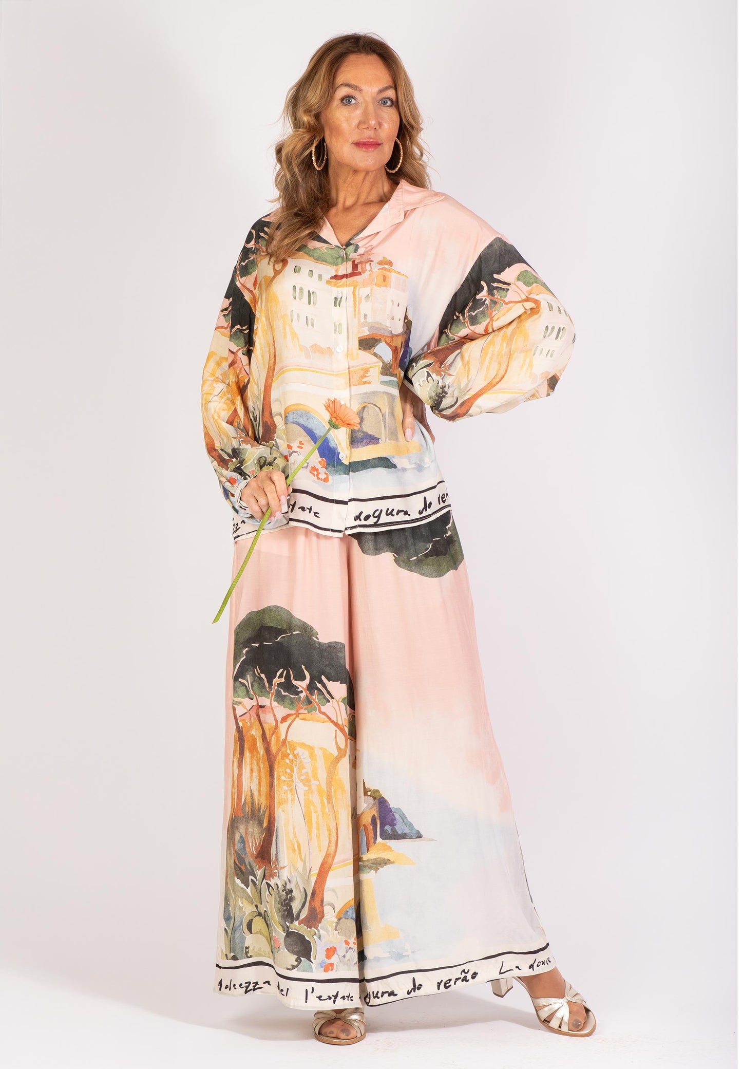 Unique Satin Landscape Print Loose Oversized Set