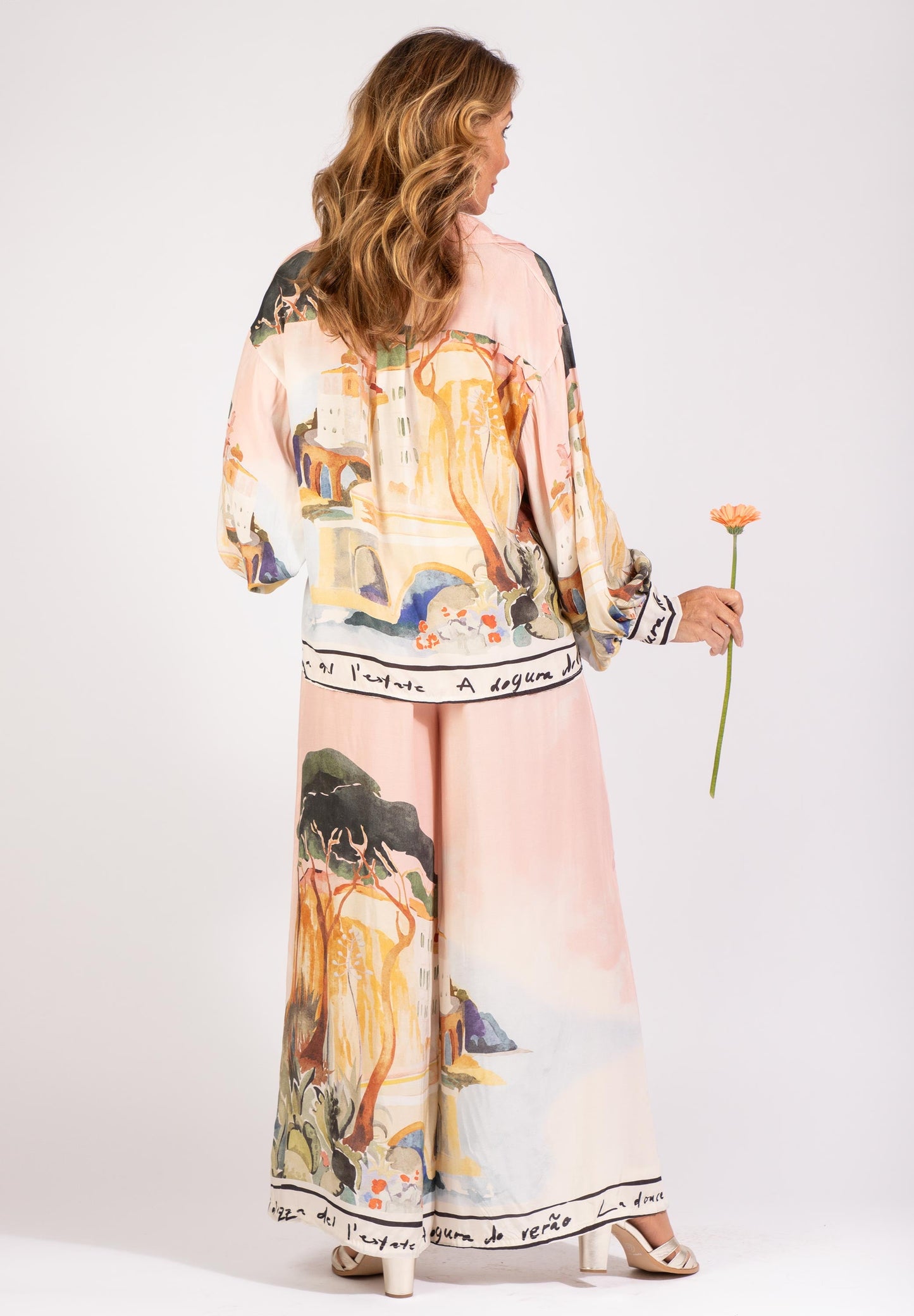 Unique Satin Landscape Print Loose Oversized Set