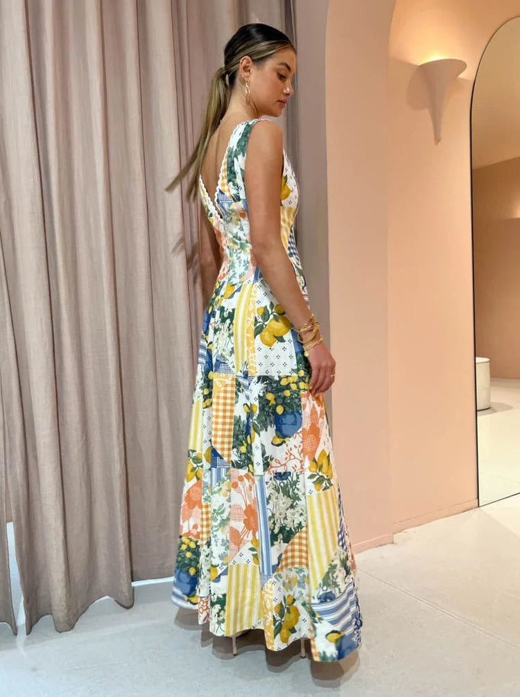Exclusive Wavy Maxi Dress in Lemon Patchwork