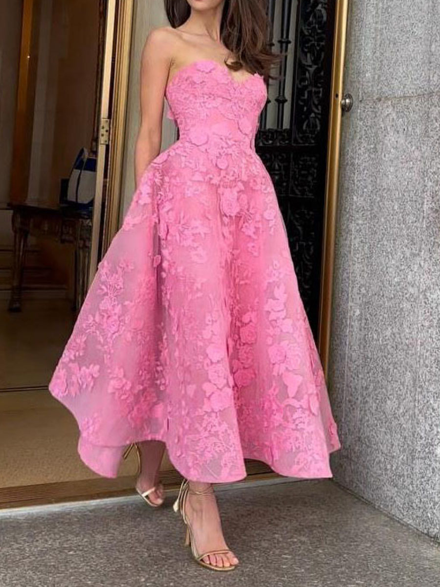Strapless Lace Tea Length Dress