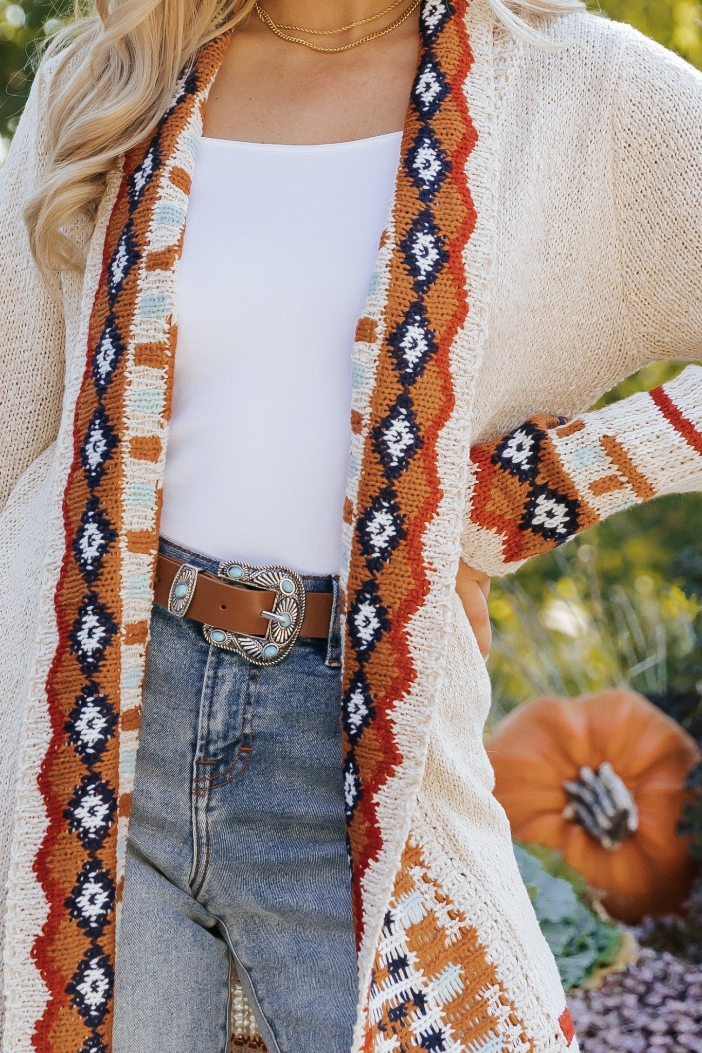 Beige Tribal Print Fringe Duster Cardigan