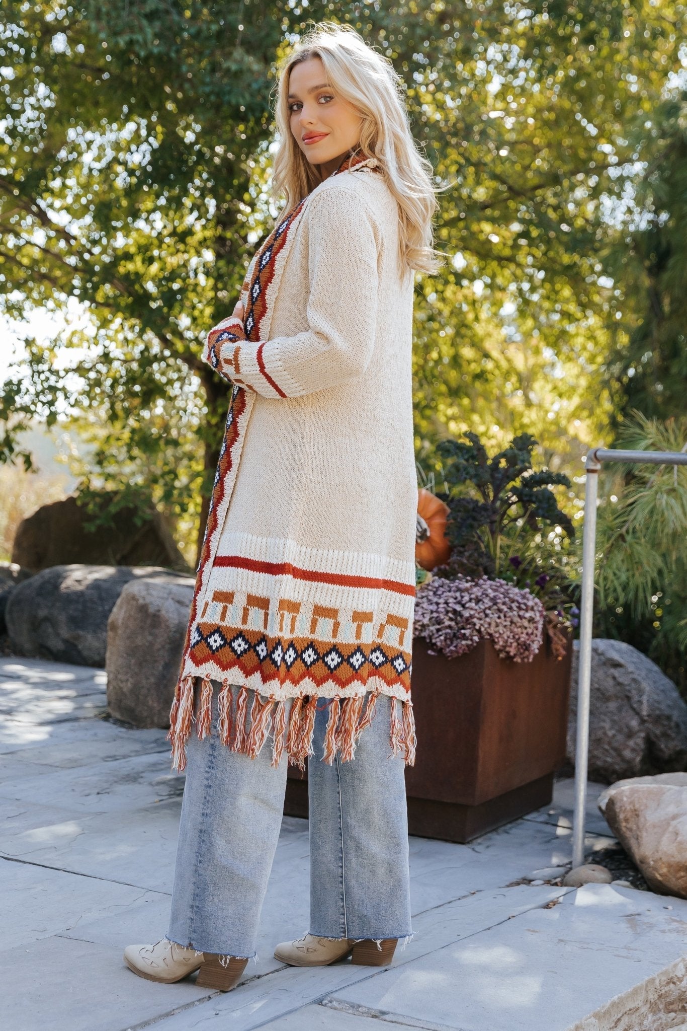 Beige Tribal Print Fringe Duster Cardigan