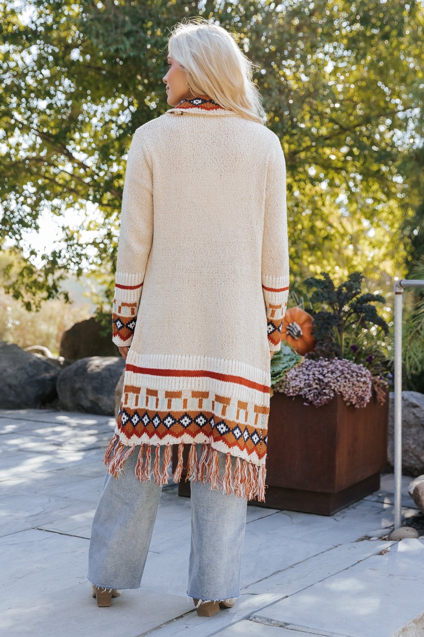 Beige Tribal Print Fringe Duster Cardigan
