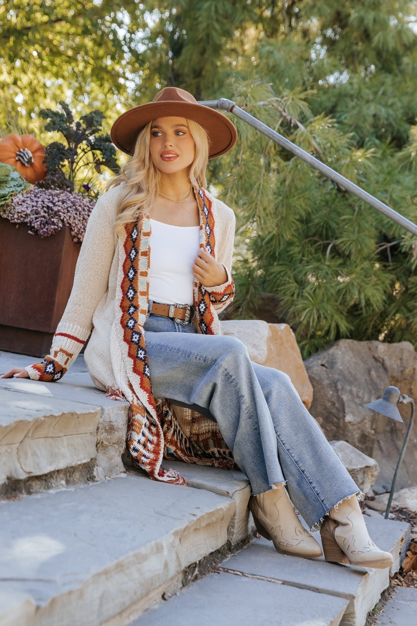 Beige Tribal Print Fringe Duster Cardigan
