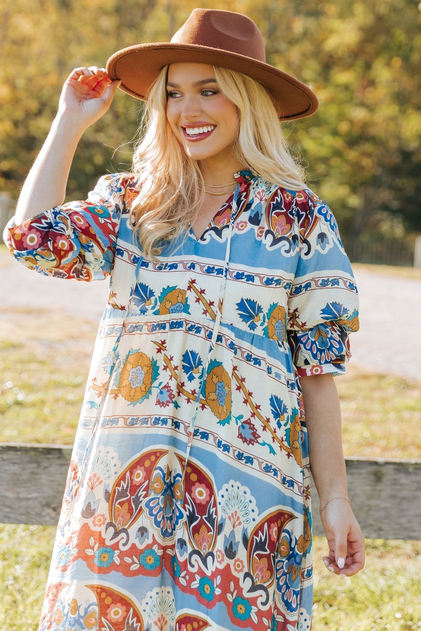 Blue Multi Border Print Midi Dress