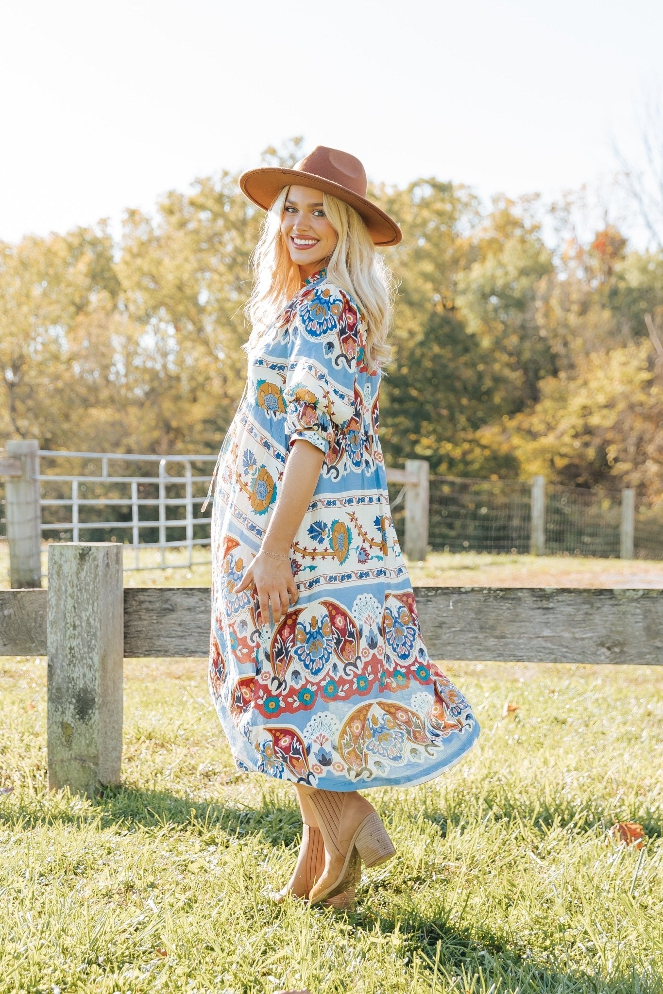 Blue Multi Border Print Midi Dress