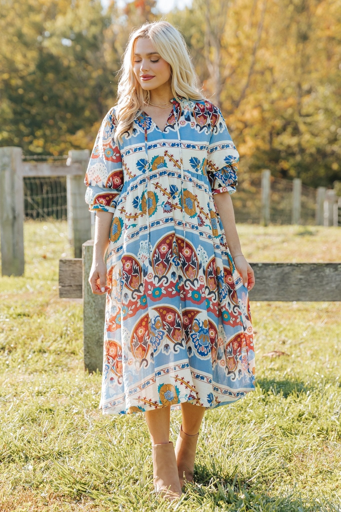 Blue Multi Border Print Midi Dress